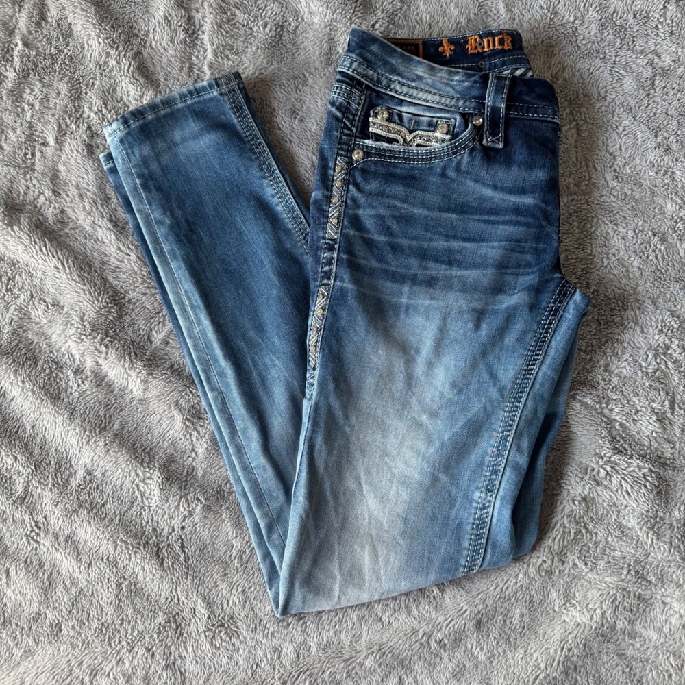 Rock Revival Vivian Skinny Jeans Embellished Rhinestone Cuffed 28 - Picture 4 of 10